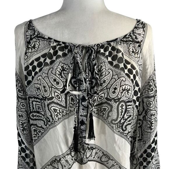 Hale Bob Sz Small Paisley Black & White Print Tassel Tie Front Chiffon Blouse Ov - Picture 12 of 12